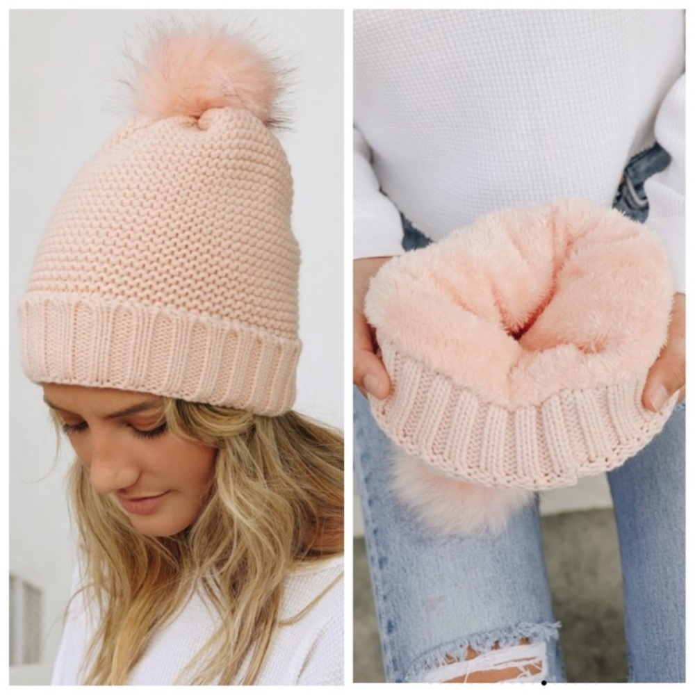 Blush pink faux fur pom beanie